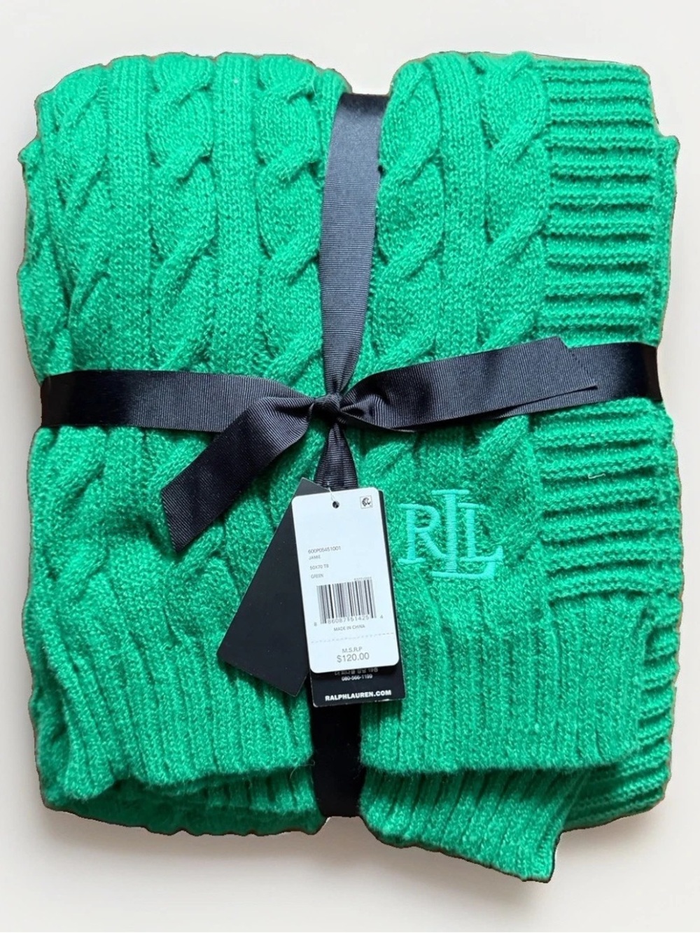Ralph Lauren Emerald Green Cable-Knit Throw